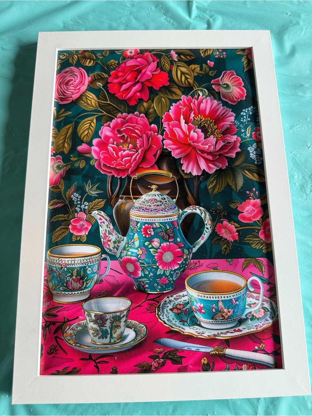 Vibrant Floral Tea Party Framed Art - Pink & Teal